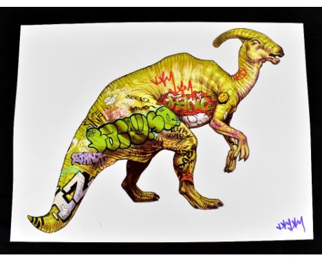 JAY JAY BURRIDGE (born 1971); a signed coloured print, 'Graffiti Dinosaur', 45.75 x 61cm, unframed.