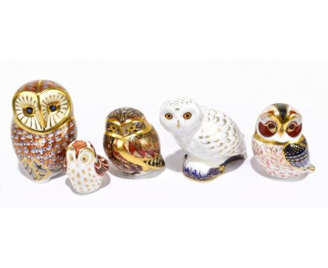 ROYAL CROWN DERBY; five figural paperweights, 'Athena Owl' (signed by John Abblet dated 22.5.10 from the edition of 750), 'Ba