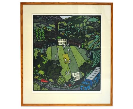 A RATCLIFFE; limited edition print, cricket match, signed, dated ‘88’ and numbered 7/10 in pencil, 65cm x 58cm, framed and gl