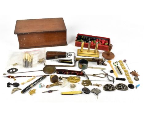 An interesting mixed group of collectors' items including a silver and yellow enamelled jewellery stand, Birmingham 1929, thr
