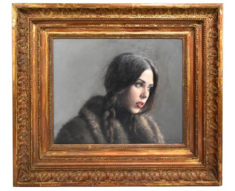 ALEX RUSSELL FLINT (born 1974); oil on board, 'Camille', portrait study of a young woman, signed, bearing Reuben Coley Fine A