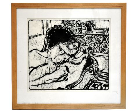 STANLEY DOBBIN (1932-2021); artist proof woodcut, “Reclining Nude on the Sofa”, signed and titled in pencil, 60cm x 53cm, fra