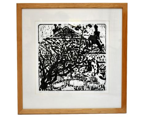 STANLEY DOBBIN (1932-2021); artist proof woodcut, “Apple Tree and House”, signed and titled in pencil, 40cm x 40cm, framed an