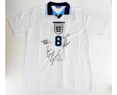 ENGLAND; a 1996 England football shirt, signed to the front by Sheringham, Shearer, Gazza, size XLAdditional InformationCreas