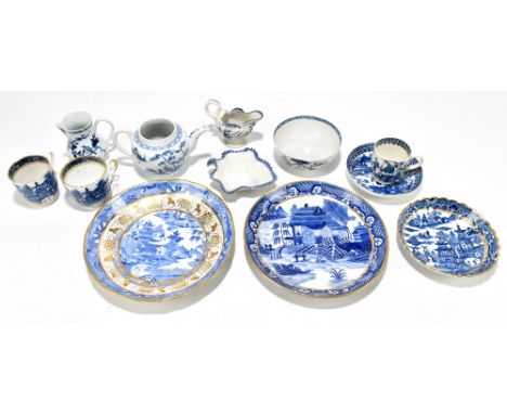A collection of 18th and 19th century blue and white, various makers and design including Newhall, Caughley tea cup and sauce