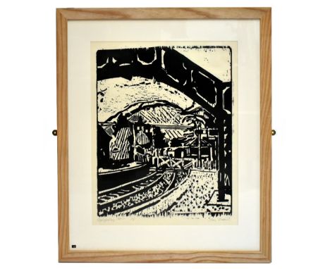 STANLEY DOBBIN (1932-2021); artist proof woodcut, “Glyndyfrwdwy Station” (Glyndyfdwy), signed and titled in pencil, 58cm x 45