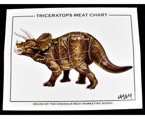 JAY JAY BURRIDGE (born 1971); a signed coloured print, 'Triceratops Meat Chart', 45.5 x 61cm, unframed.