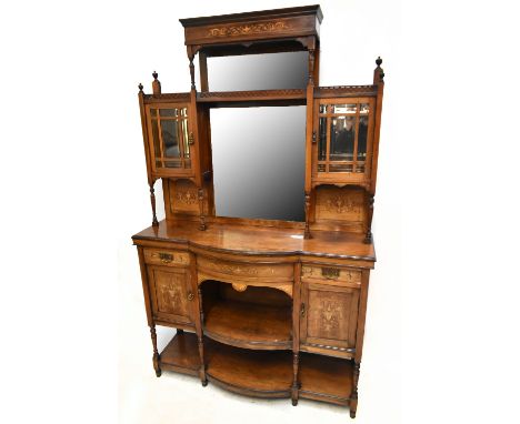 An Edwardian inlaid rosewood mirror back sideboard, the back section with bevelled mirror plate flanked by two glazed doors, 