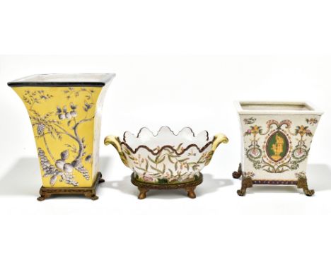 Three decorative ceramic vases, each with metal mounts, height 25cm (3).Additional InformationEach with artificial crazing, l