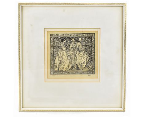 WALTER CRANE; limited edition woodcut, three maidens in a garden, numbered in pencil 10/20, 15cm x 16cm, framed and glazed.Pr