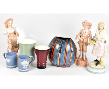 POOLE POTTERY; a large contemporary vase with linear decoration, height 26cm, a Keith Murray for Wedgwood vase, a Carltonware