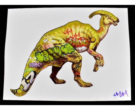JAY JAY BURRIDGE (born 1971); a signed coloured print, 'Graffiti Dinosaur', 45.75 x 61cm, unframed.