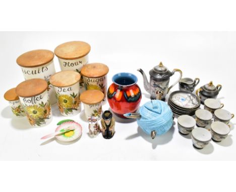 A group of assorted ceramics including Crown Devon kitchen storage jars, an Oriental eggshell part service, a Poole Pottery v