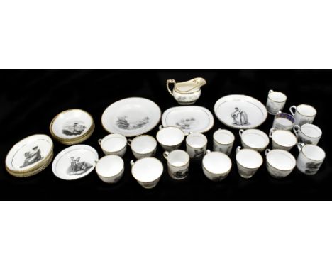 A collection of 18th century and later sepia printed porcelain of various manufacturers including Spode, Newhall, various sce