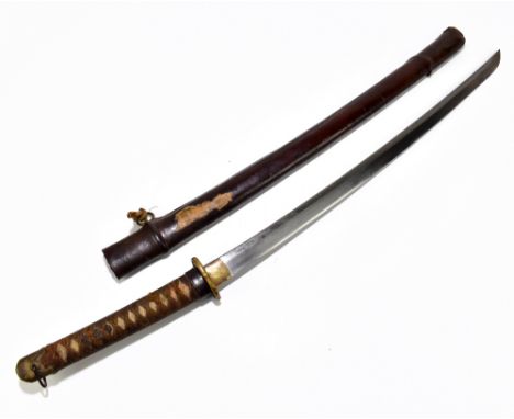 A Japanese Katana Shingunto, the tang signed 'Hibino Kinmischi, Hallese Rev. Kin. 40', with leather scabbard, blade length 61