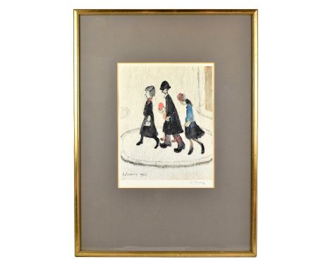 LAURENCE STEPHEN LOWRY RBA RA (1887-1976); an ink signed print, 'The Family', with blind stamp, 28.5 x 22cm. (D)Additional In