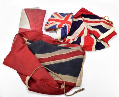 A Harrison Line vintage flag, a vintage Union flag, a red Ensign flag and another (4).