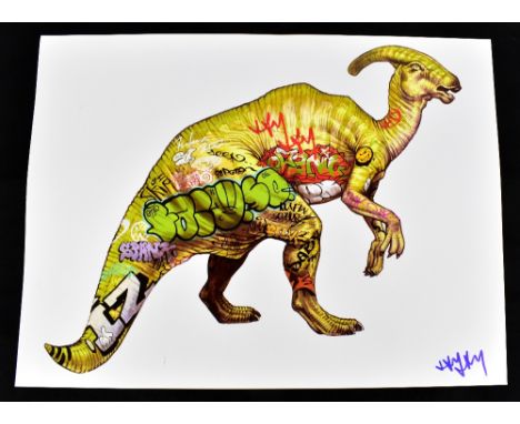 JAY JAY BURRIDGE (born 1971); a signed coloured print, 'Graffiti Dinosaur', 45.75 x 61cm, unframed.