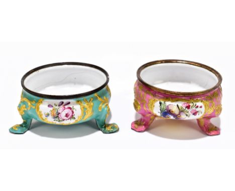 BILSTON ENAMEL; two late 18th century open salts, each with floral decoration, raised on three pad feet, diameter of largest 