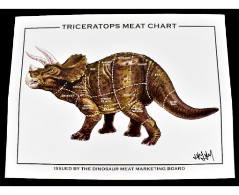 JAY JAY BURRIDGE (born 1971); a signed coloured print, 'Triceratops Meat Chart', 45.5 x 61cm, unframed.