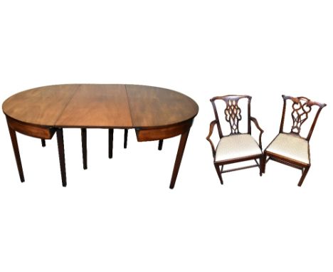 A late George III mahogany D-end dining table with single additional leaf, width 117cm, a set of five Chippendale style mahog