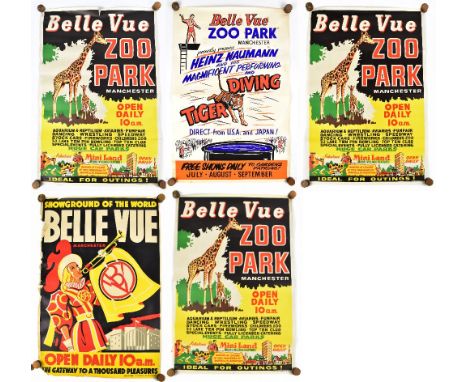 BELLE VUE ZOO; five vintage zoo advertising posters comprising one decorated with the 'Diving Tiger', one with a female trump