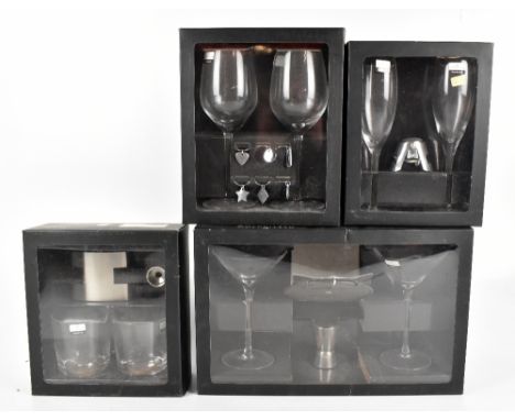 DARTINGTON; four boxed sets of various drinking glasses including two spirit tumblers and hip flask, two Martini glasses and 