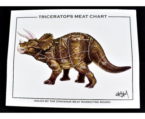 JAY JAY BURRIDGE (born 1971); a signed coloured print, 'Triceratops Meat Chart', 45.5 x 61cm, unframed.