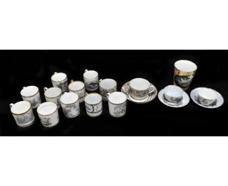 A collection of late 18th/early 19th century sepia printed porcelain including two tea bowls and saucers, a beaker, possibly 