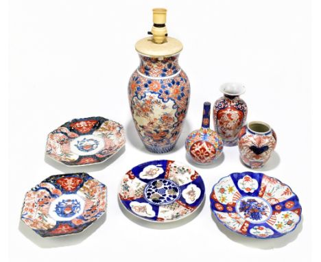 A late 19th century Japanese Imari vase converted to a table lamp, overall height 42cm, together with seven pieces of Japanes