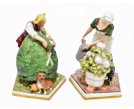 BING &amp; GRONDHAL; a pair of figures representing a hedge trimmer and lady watering flowers, each raised on hexagonal plint