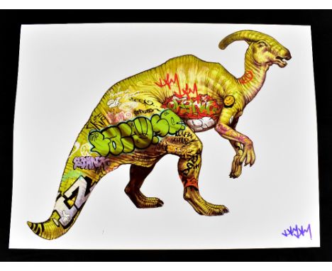 JAY JAY BURRIDGE (born 1971); a signed coloured print, 'Graffiti Dinosaur', 45.75 x 61cm, unframed.