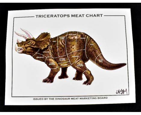 JAY JAY BURRIDGE (born 1971); a signed coloured print, 'Triceratops Meat Chart', 45.5 x 61cm, unframed.