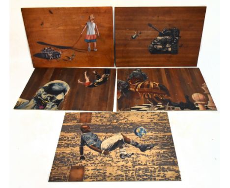 Five unusual works on plyboard in the street art style, unsigned, each panel approx. 70 x 100cm (5).