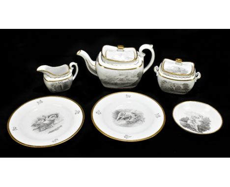 SPODE; an early 18th century three piece tea service decorated in the 1922 pattern, together with a similar dish signed 1922 