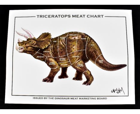 JAY JAY BURRIDGE (born 1971); a signed coloured print, 'Triceratops Meat Chart', 45.5 x 61cm, unframed.