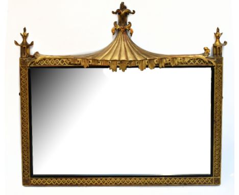 A Chinese Chippendale style rectangular wall mirror, 19th century, with pagoda shaped top above a rectangular plate surrounde