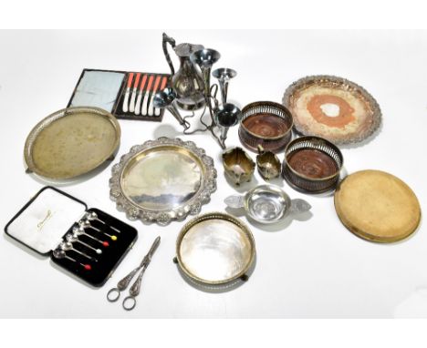 A group of assorted silver plate including a salver, a four branch epergne, a pair of wine coasters.