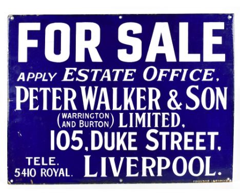An original advertising Estate Agency enamel sign for Peter Walker &amp; Son (Warrington &amp; Burton) Ltd, 105 Duke Street, 