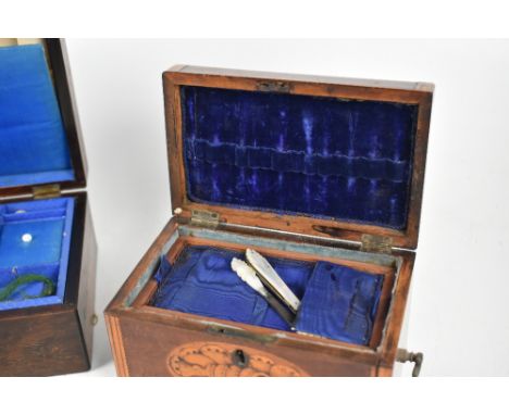 An early 19th century inlaid and mahogany tea caddy, with converted interior, height 12cm, together with a smaller tea caddy 