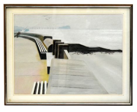 DEREK WILKINSON (British 1929-2001); pastel, sea wall at Blackpool, signed, 44.5cm x 59.5cm, framed and glazed. (D)Provenance