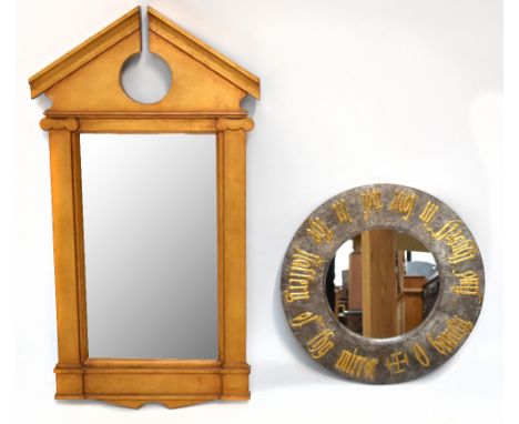 A contemporary painted and gilt circular wall mirror, which reads 'O beauty, find thyself in love not in the flattery of thy 