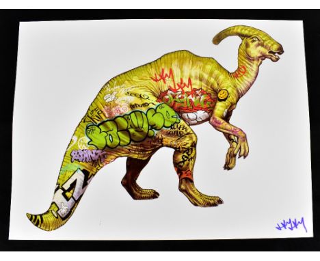 JAY JAY BURRIDGE (born 1971); a signed coloured print, 'Graffiti Dinosaur', 45.75 x 61cm, unframed.