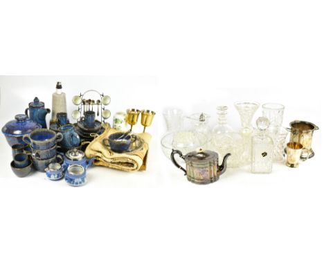 A quantity of decorative ceramics and glass including a domestic stoneware part tea service, lamp base, various cut glass, a 