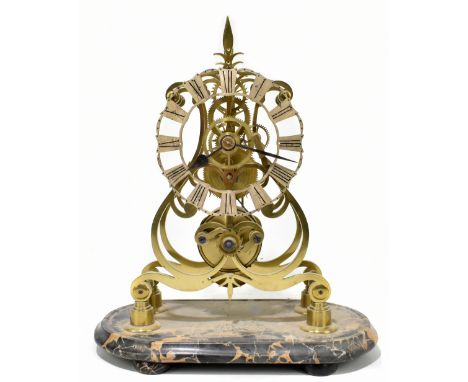 A late 19th century brass skeleton clock, with Roman numerals to the dial and single fusee movement raised on a veined marble