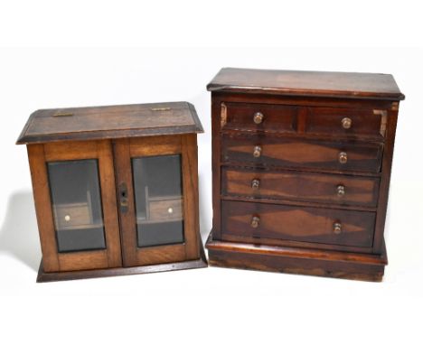 A 19th century inlaid mahogany specimen chest of four drawers, raised on plinth base, width 35cm, height 38cm, together with 