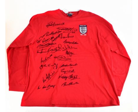 ENGLAND; a 1966 World Cup winners retro-style football shirt, signed by Hurst, Armfield, Greaves, Eastham, Peters, Flowers, C