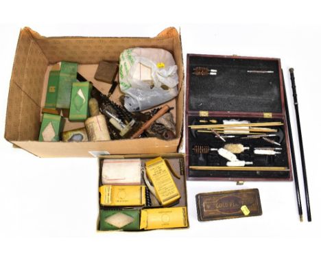 A small quantity of vintage gun cleaning equipment, including rods, brushes, Youngs 303, etc.