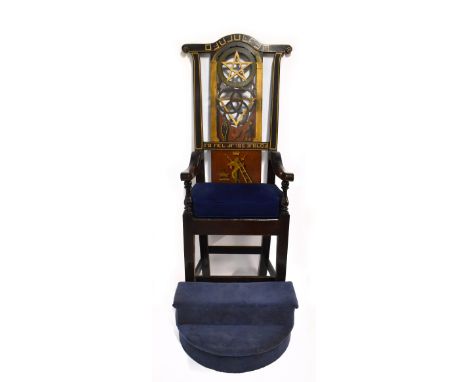 MASONIC INTEREST; a large mid-19th century painted and stained Masonic elbow chair, 'The Senior Warden's Chair', the shaped t