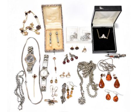 A collection of assorted costume jewellery including a pair of 9ct gold set opal ear studs, various Baltic amber pieces, a st